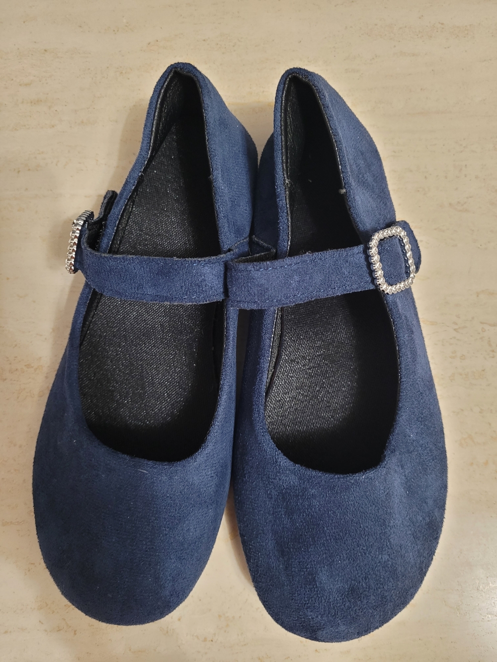 047 Chic Navy Faux-Suede Mary Jane Flats - Rhinestone Buckles, EU 37 / US 6.5-7 - Picture 5 of 12